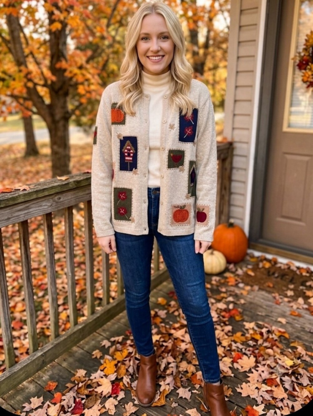Croft & Barrow Vintage Autumn Cardigan Sweater NWT Large Pumpkin Birdhouse Knit